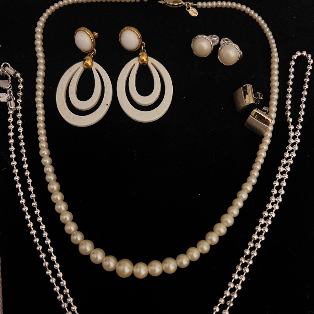 Elegant Monet Jewelry Collection – Pearl Necklace, Earrings, and Silver Chains